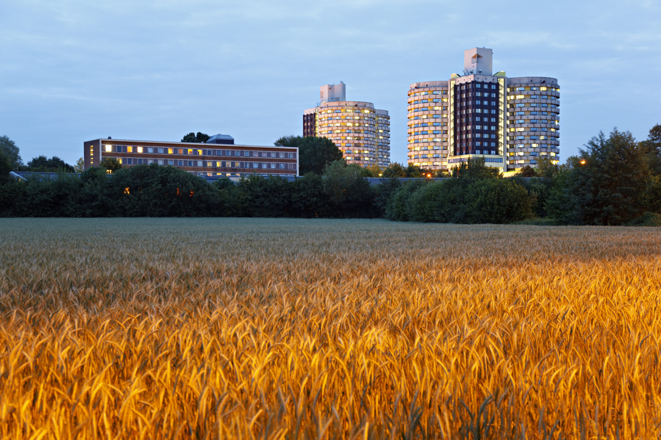 A 70s style hospital complex at dusk, an illuminated wheat field as foreground.