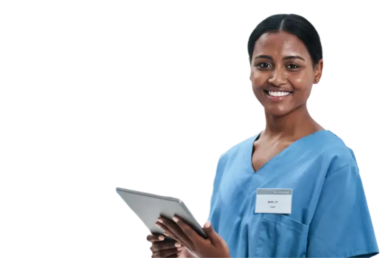 Nurse holding an iPad and wearing a name tag, highlighting care coordination, patient management software, healthcare communication, and compliance management systems.