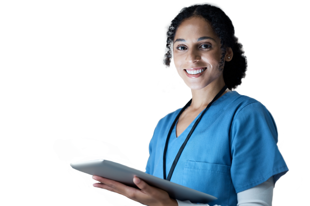 Nurse with tablet, blue scrubs and white shirt