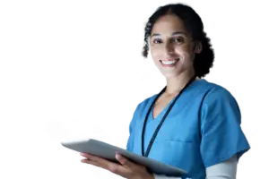 A healthcare professional using an iPad to navigate HUB Healthcare's platform, showcasing features such as Clinical Pathways and Care Coordination, EHR Integration, and Data Analytics