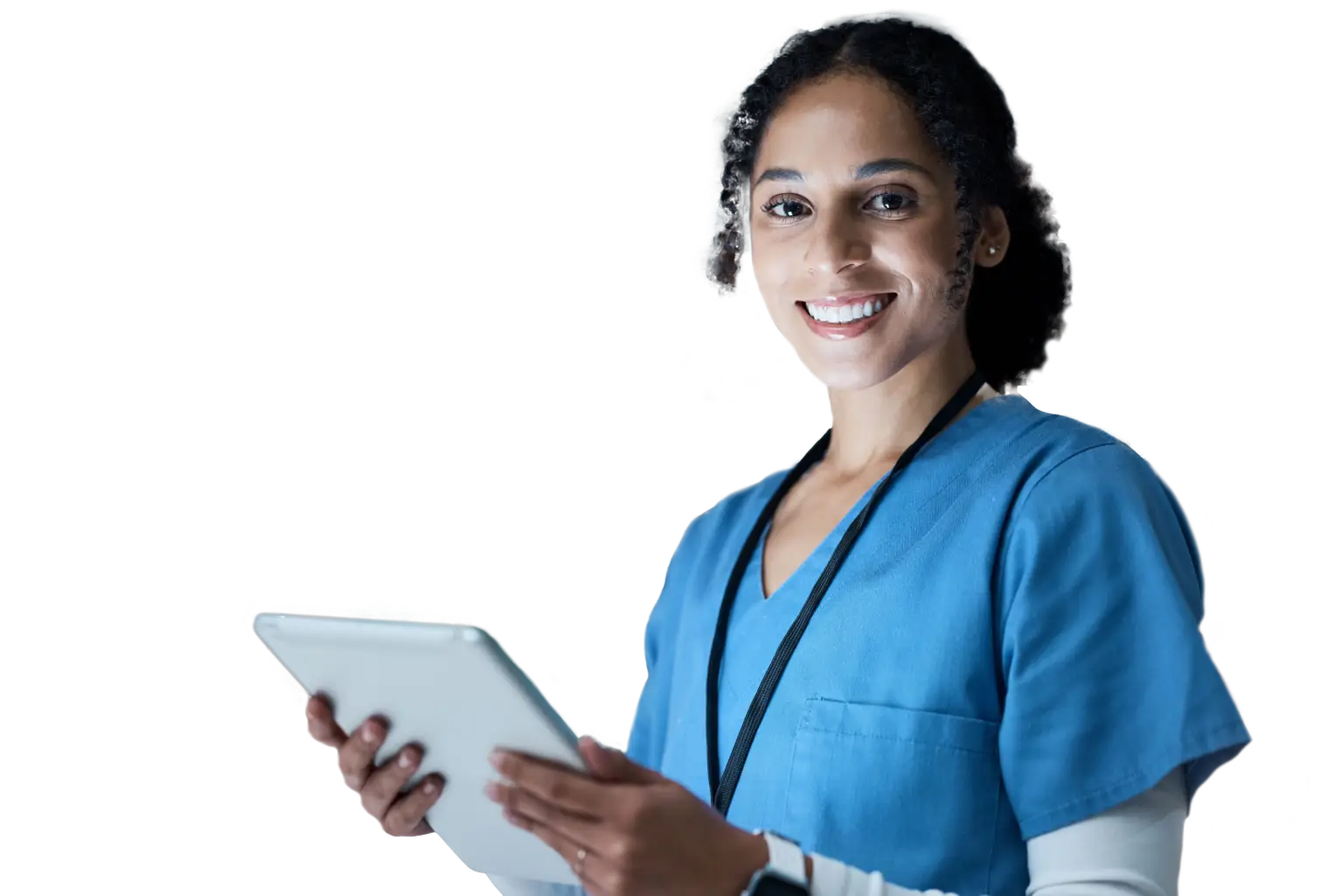 Portrait of a nurse holding a tablet and a Black woman in a hospital working on telehealth research or an online consultation, highlighting healthcare communication, integrated healthcare, patient management software, and care coordination platform.