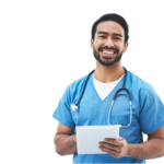 Healthcare professional using a tablet to scan a UDI barcode on a medical device, demonstrating the use of technology in medical inventory management and compliance.