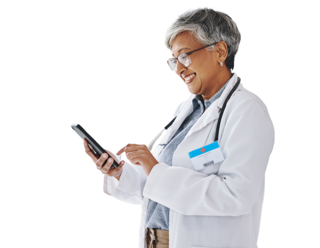A nurse using a tablet in a healthcare setting, optimizing patient care and improving coordination among healthcare providers. This image highlights HUB Healthcare's user-friendly interface designed to streamline workflows, enhance communication, and manage clinical pathways, materials, and patient scheduling efficiently