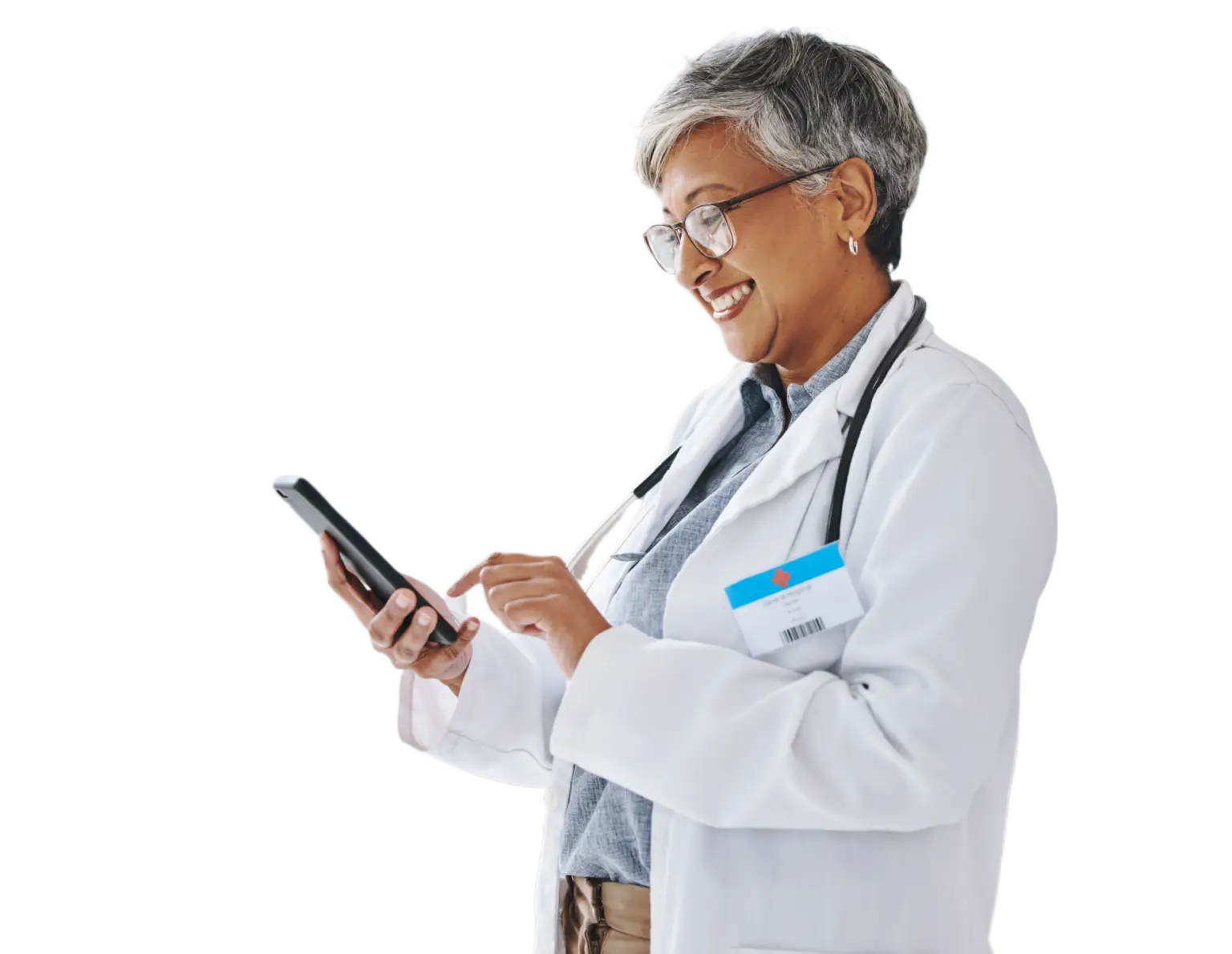 A nurse using a tablet in a healthcare setting, optimizing patient care and improving coordination among healthcare providers. This image highlights HUB Healthcare's user-friendly interface designed to streamline workflows, enhance communication, and manage clinical pathways, materials, and patient scheduling efficiently