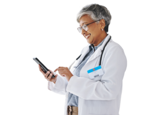 A nurse using a tablet in a healthcare setting, optimizing patient care and improving coordination among healthcare providers. This image highlights HUB Healthcare's user-friendly interface designed to streamline workflows, enhance communication, and manage clinical pathways, materials, and patient scheduling efficiently