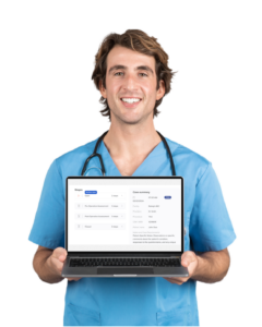 Nurse holding a computer, demonstrating HUB Healthcare's workflow capabilities and integrated healthcare solutions.