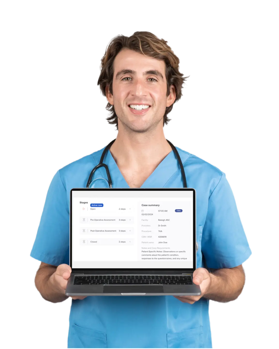Nurse holding a computer, demonstrating HUB Healthcare's workflow capabilities and integrated healthcare solutions.