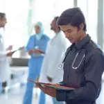 Caucasian male doctor looking at a medical file, highlighting patient management software, healthcare communication, care coordination, and compliance management systems.