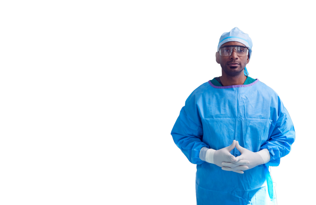 Scrub tech with a serious expression, emphasizing focus and precision in medical imaging and surgical care coordination.