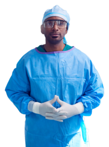 Scrub tech with a serious expression, emphasizing focus and precision in medical imaging and surgical care coordination.