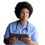 Smiling African American mid-adult female nurse, highlighting patient management software, coordinated care, healthcare communication, and integrated healthcare.