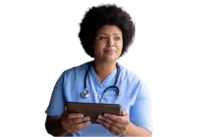 Smiling African American mid-adult female nurse, highlighting patient management software, coordinated care, healthcare communication, and integrated healthcare.