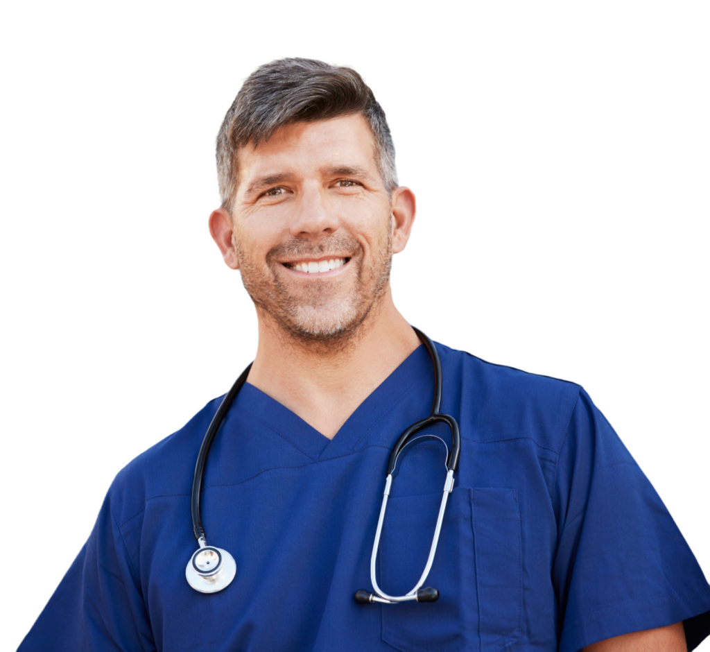 Male healthcare professional in blue scrubs smiling, highlighting positive patient care and healthcare communication.