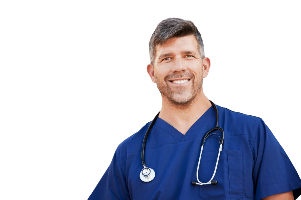 Male nurse in blue scrubs smiling, representing excellent patient care and coordination in healthcare.