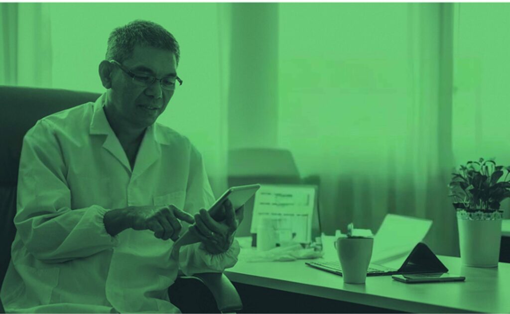 Physician using HUB Healthcare on a mobile device